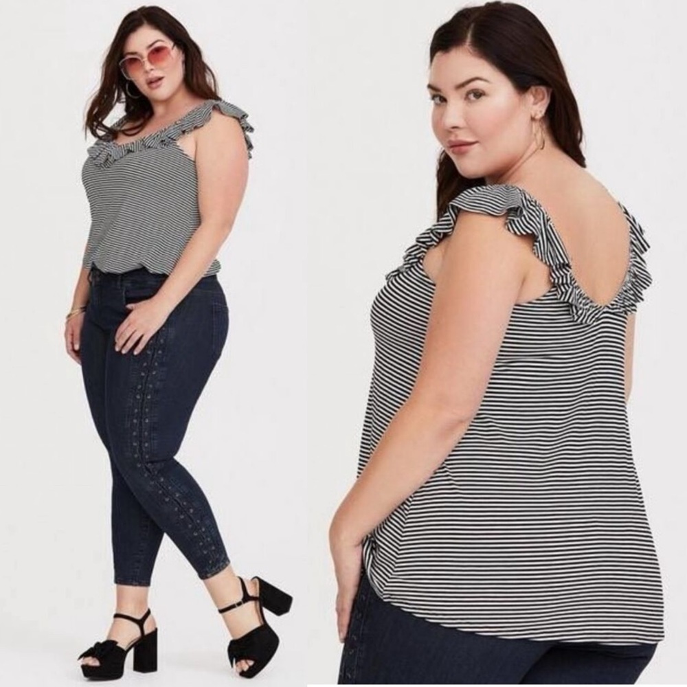 Torrid Tank Top Super Soft V Neck Ruffle Black White Striped Sz 14